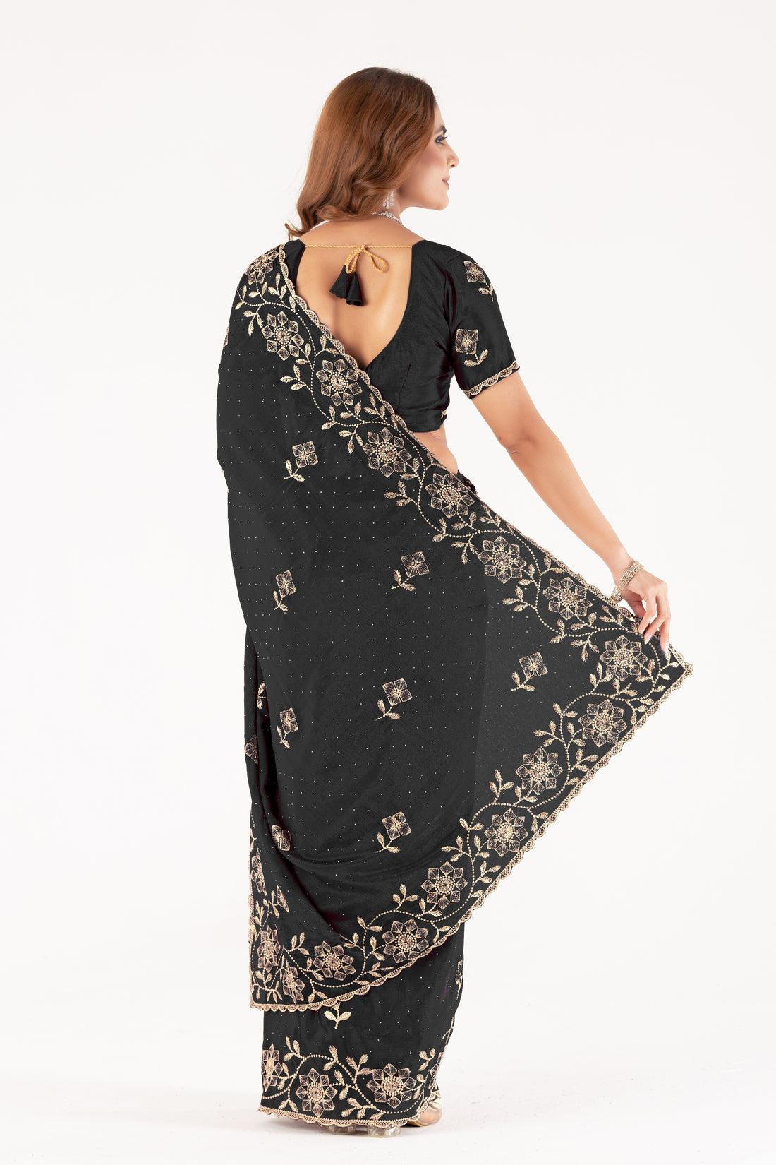 Black Embroidered Saree with Floral Zari Work & Designer Blouse  Festive & Wedding Collection