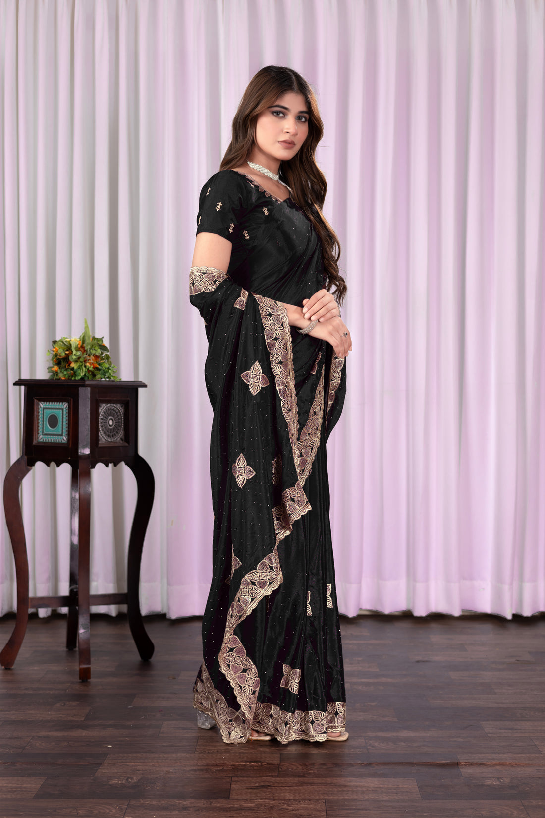 Black Chinon Saree with Antique Embroidery & Swarovski Stone Detailing