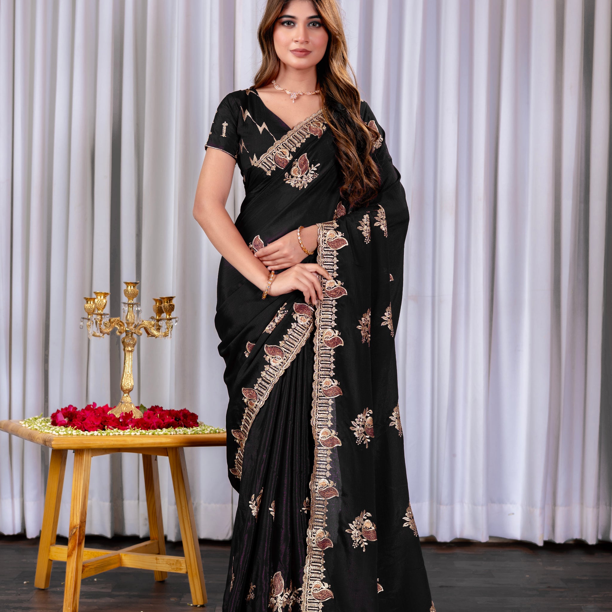 Black Chinon Embroidered Party Wear Saree with Floral Border Detailing