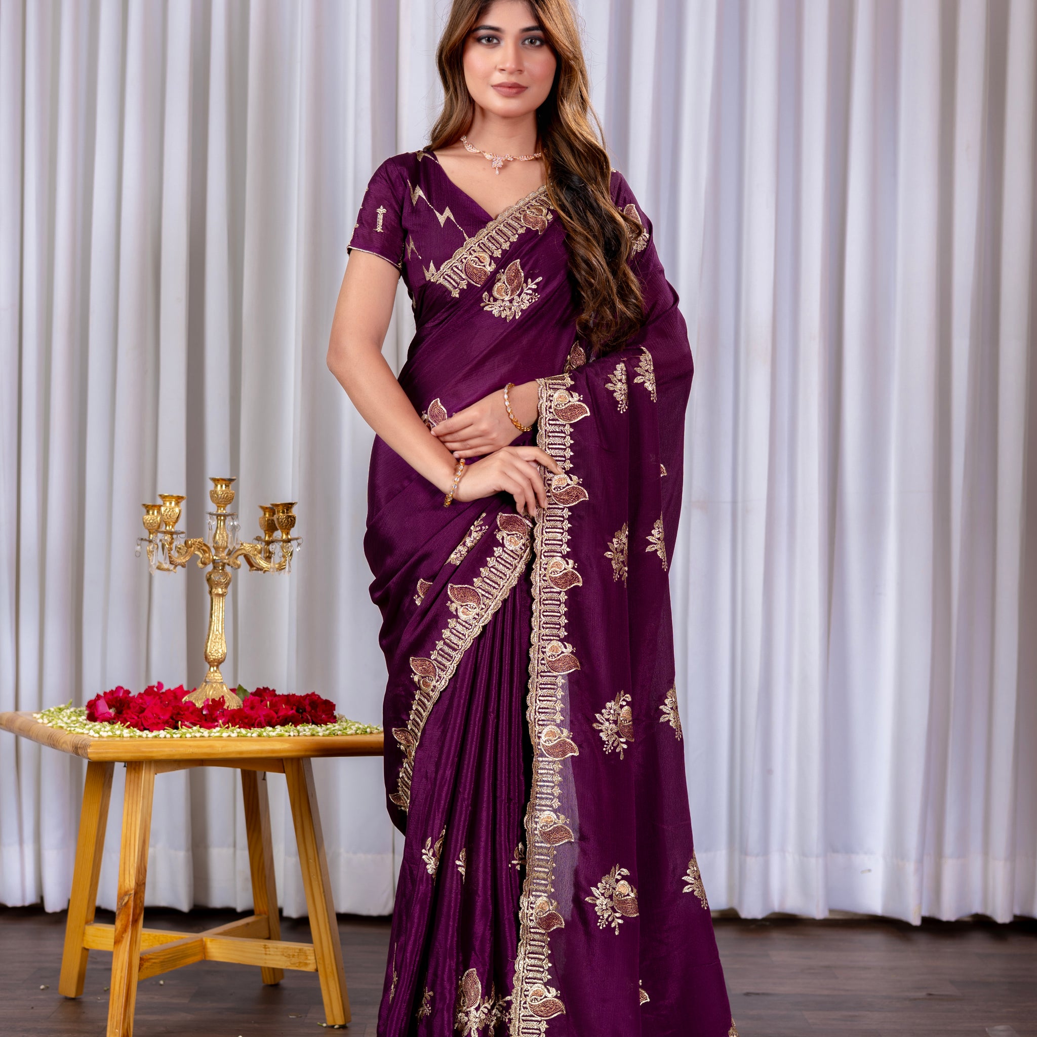 Wine Chinon Embroidered Party Wear Saree with Floral Border Detailing