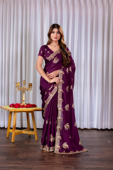 Wine Chinon Embroidered Party Wear Saree with Floral Border Detailing