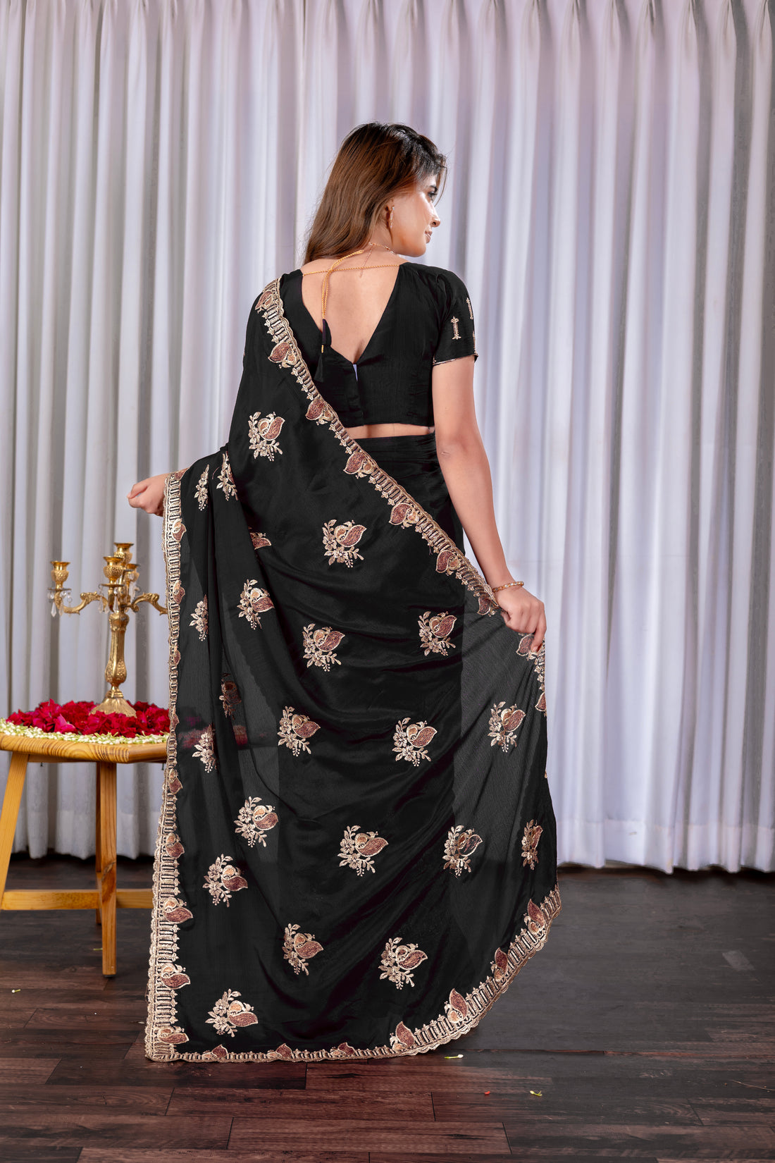 Black Chinon Embroidered Party Wear Saree with Floral Border Detailing