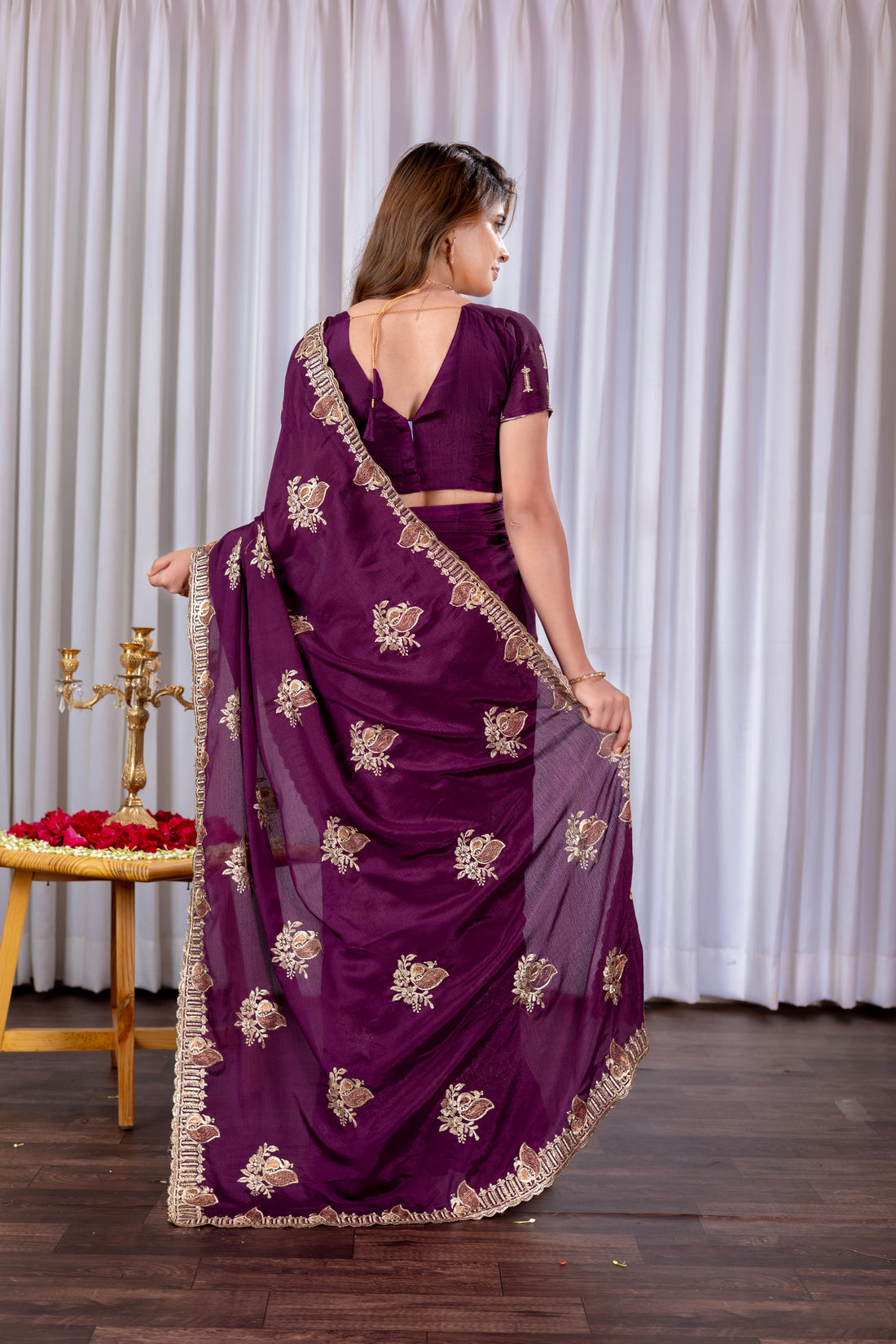 Wine Chinon Embroidered Party Wear Saree with Floral Border Detailing