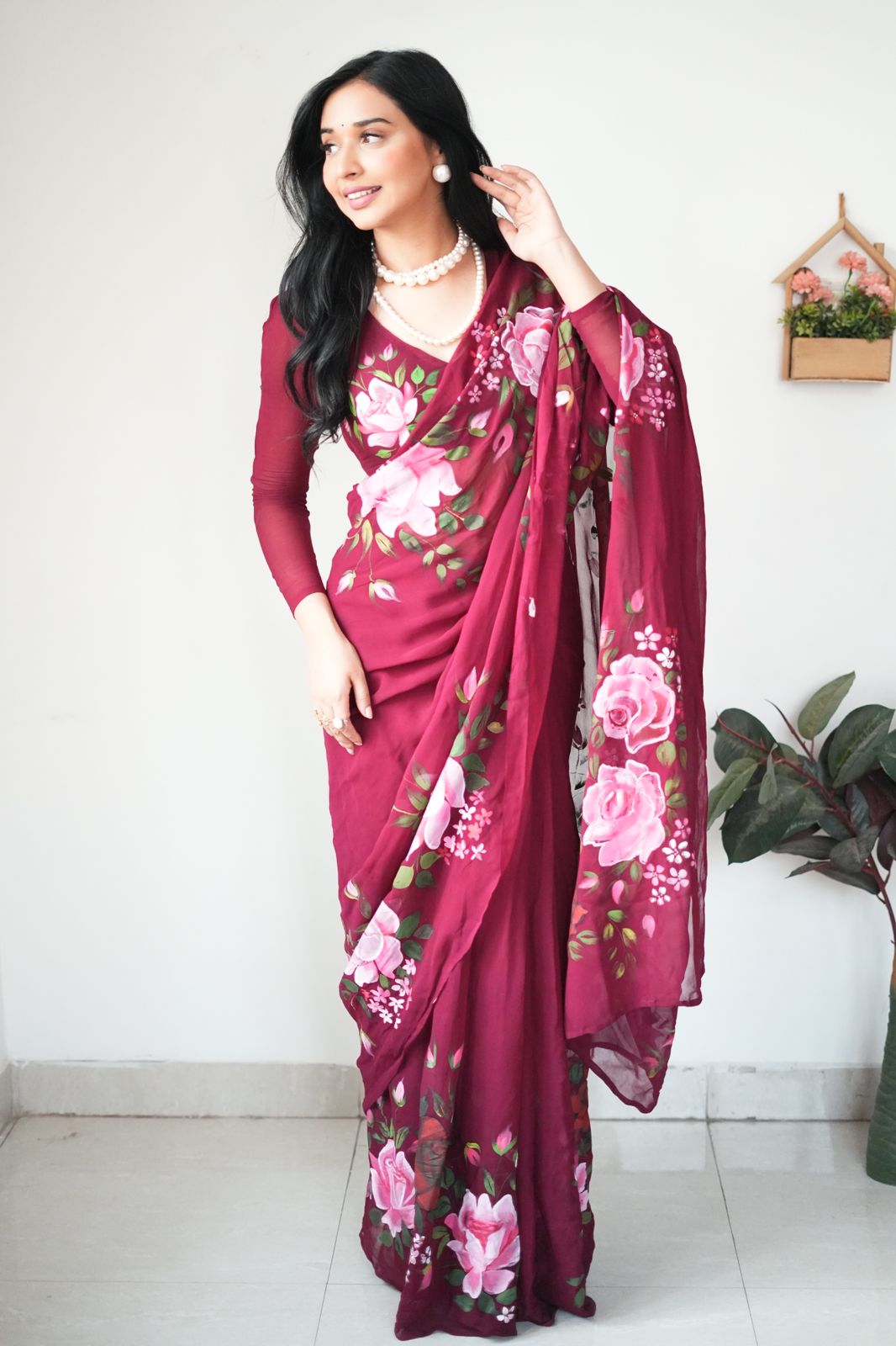 Maroon And Hand-painted-style Floral Prints Organza Ready To Wear Saree With Unstitched Blous