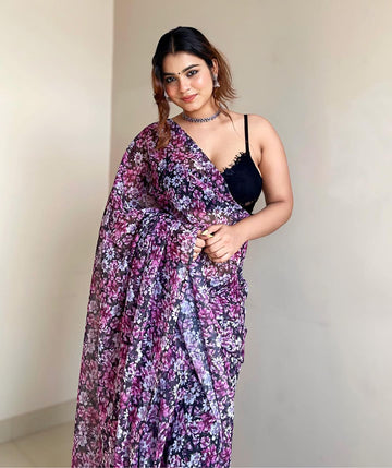 Purple, Pink, And Black Floral Print Georgette Ready To Wear Saree With Unstitched Blouse