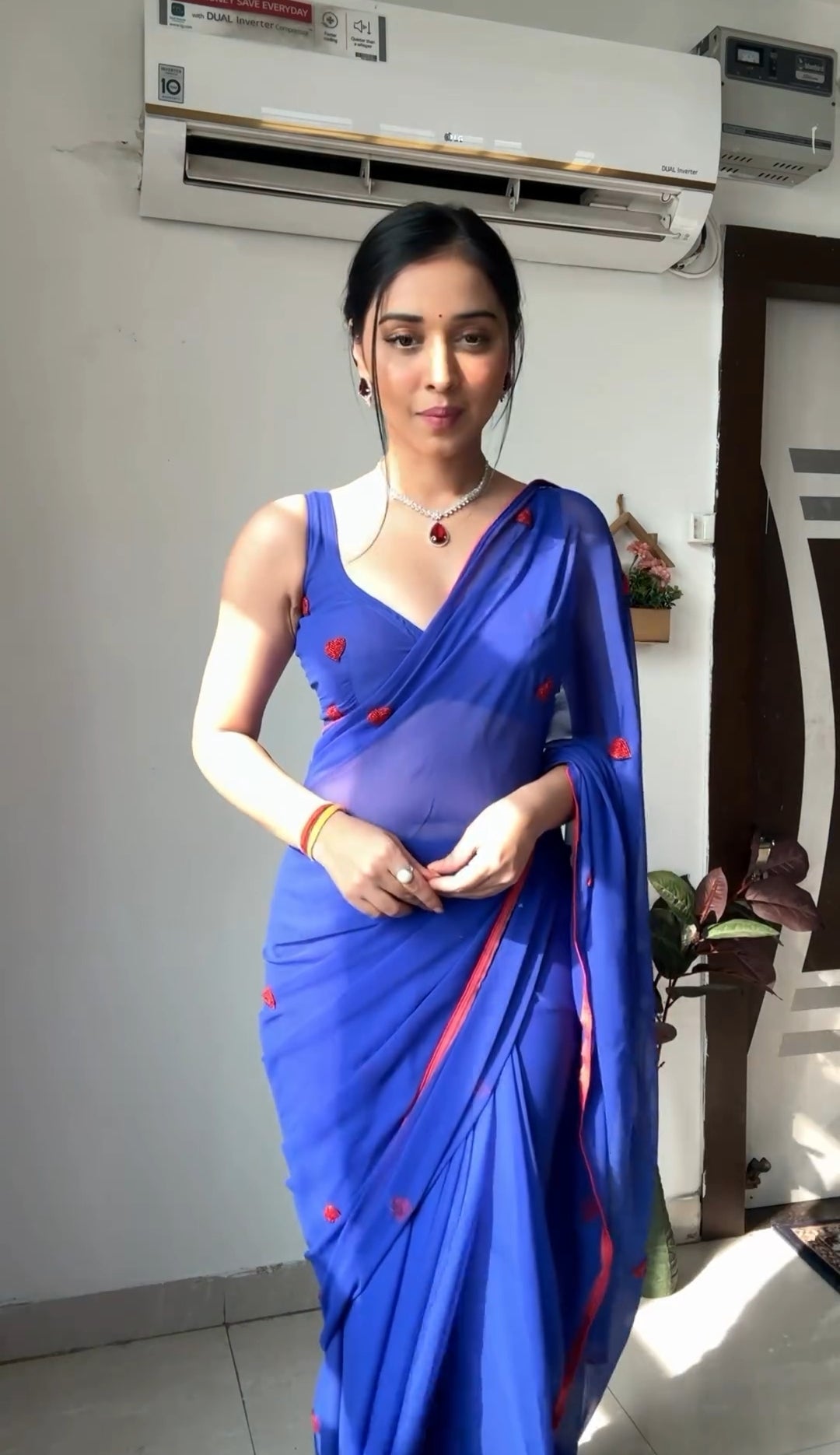 Royal Blue Shade With Small Red Embroidered Hearts Ready To Wear Saree With Unstitched Blouse