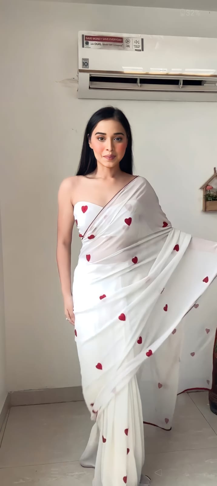 White Saree With Red Embroidered Hearts Ready To Wear Saree With Unstitched Blouse