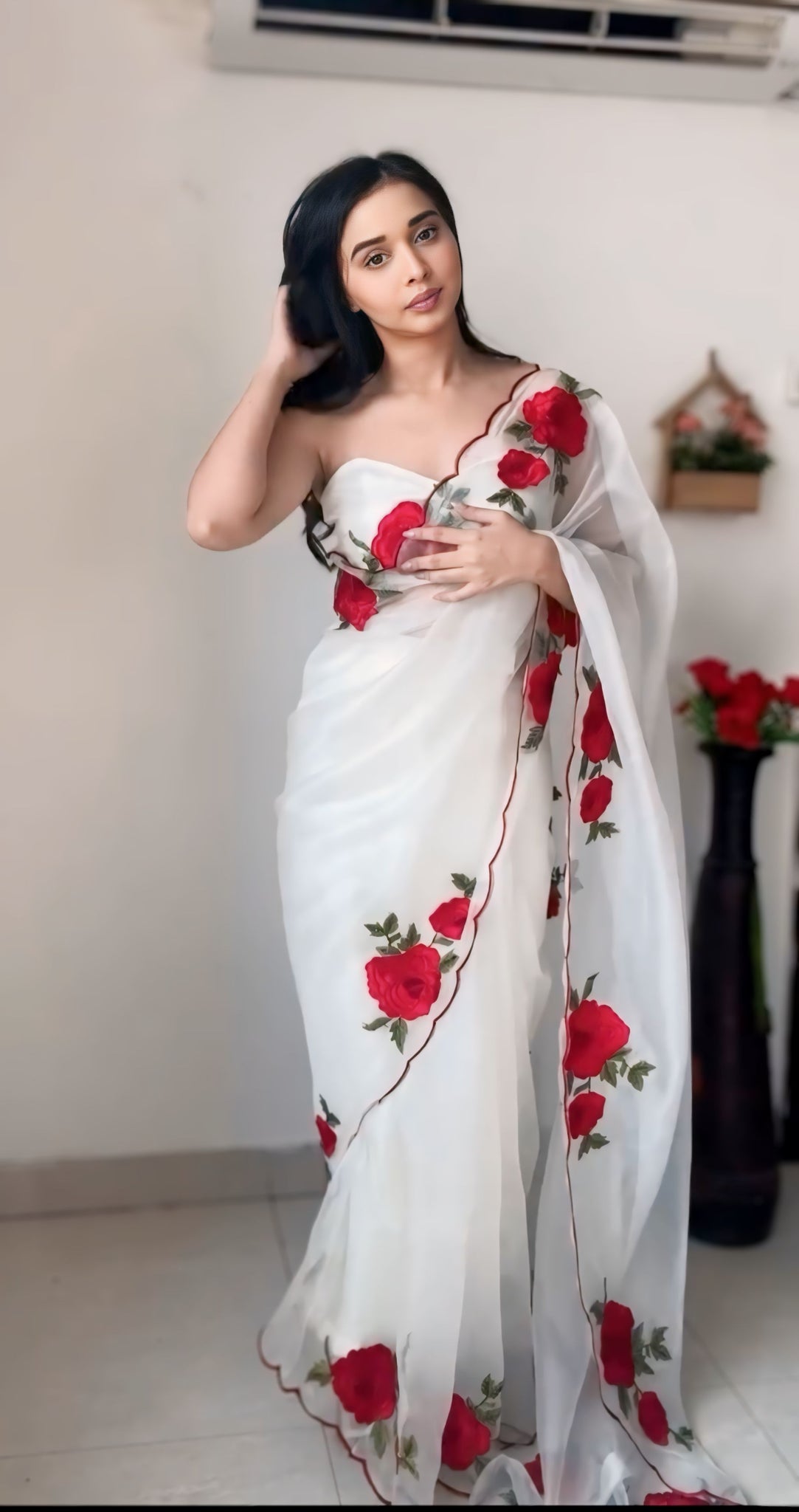 White Organza Red Rose Floral Print Ready To Wear Saree With Unstitched Blouse