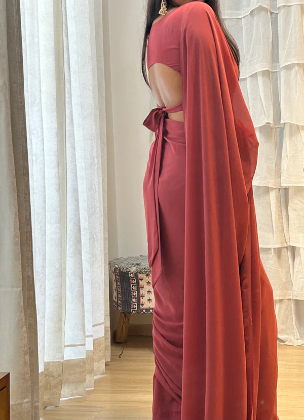 Peach Elegant Design Georgette Ready To Wear Saree With Unstitched Blouse