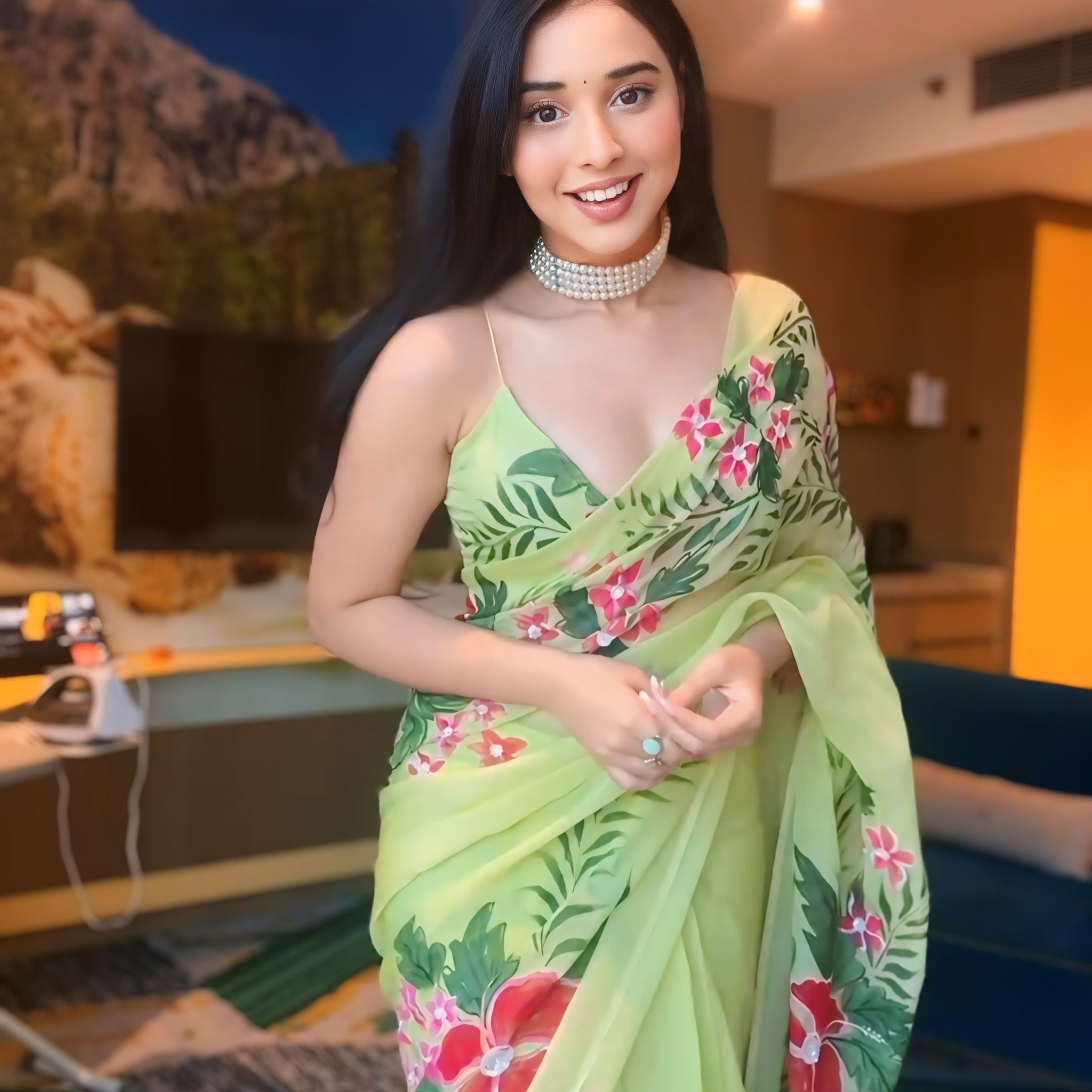 Light Green Color Pink And Red Floral Prints Georgette Ready To Wear Saree With Unstitched Blouse