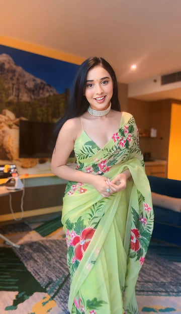 Light Green Color Pink And Red Floral Prints Georgette Ready To Wear Saree With Unstitched Blouse