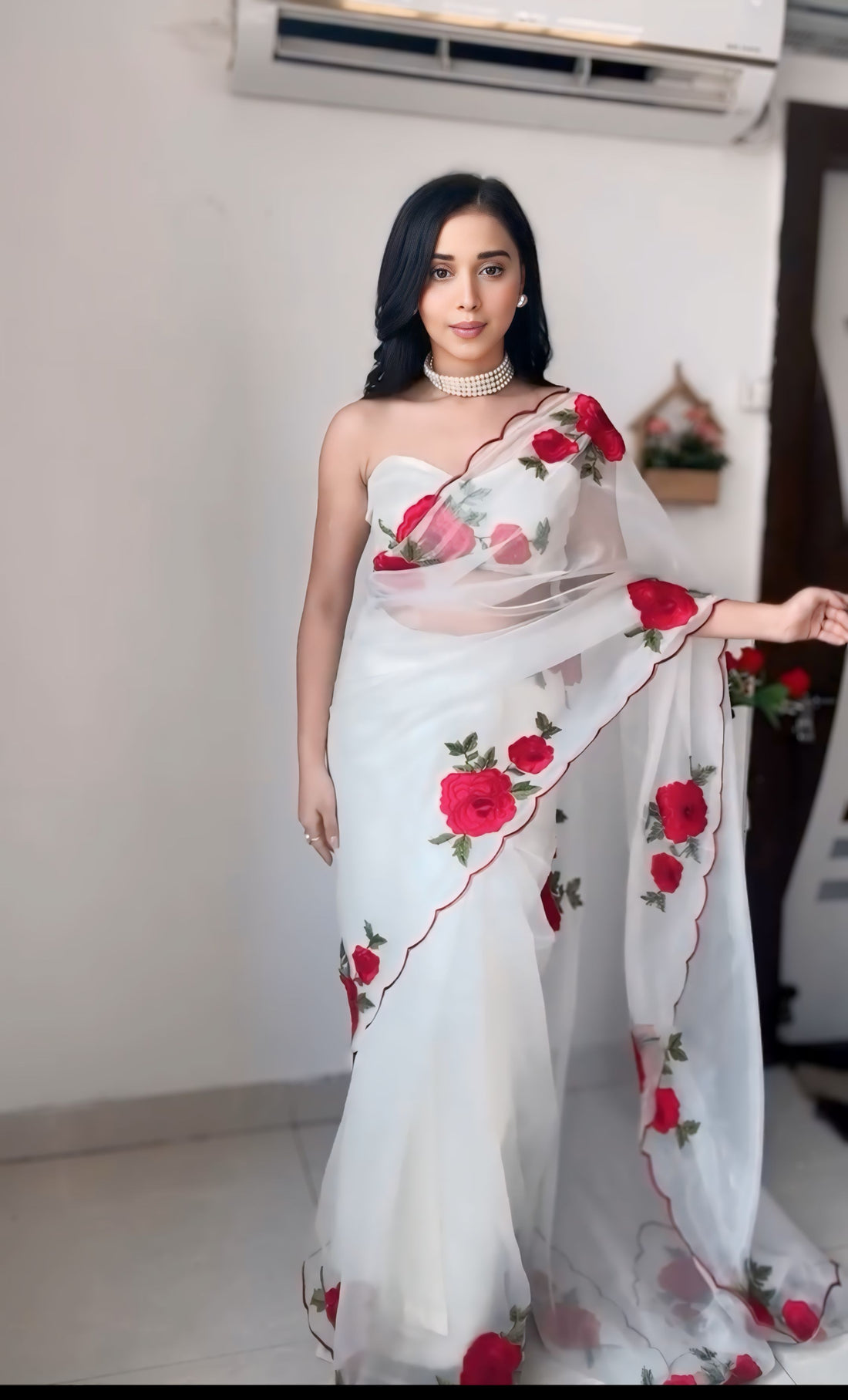 White Organza Red Rose Floral Print Ready To Wear Saree With Unstitched Blouse