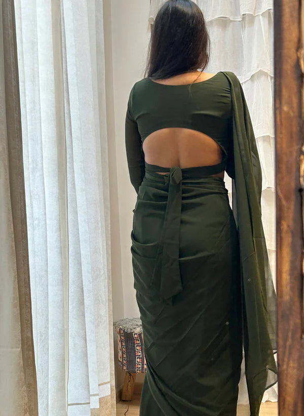 Green Elegant Design Georgette Ready To Wear Saree With Unstitched Blouse