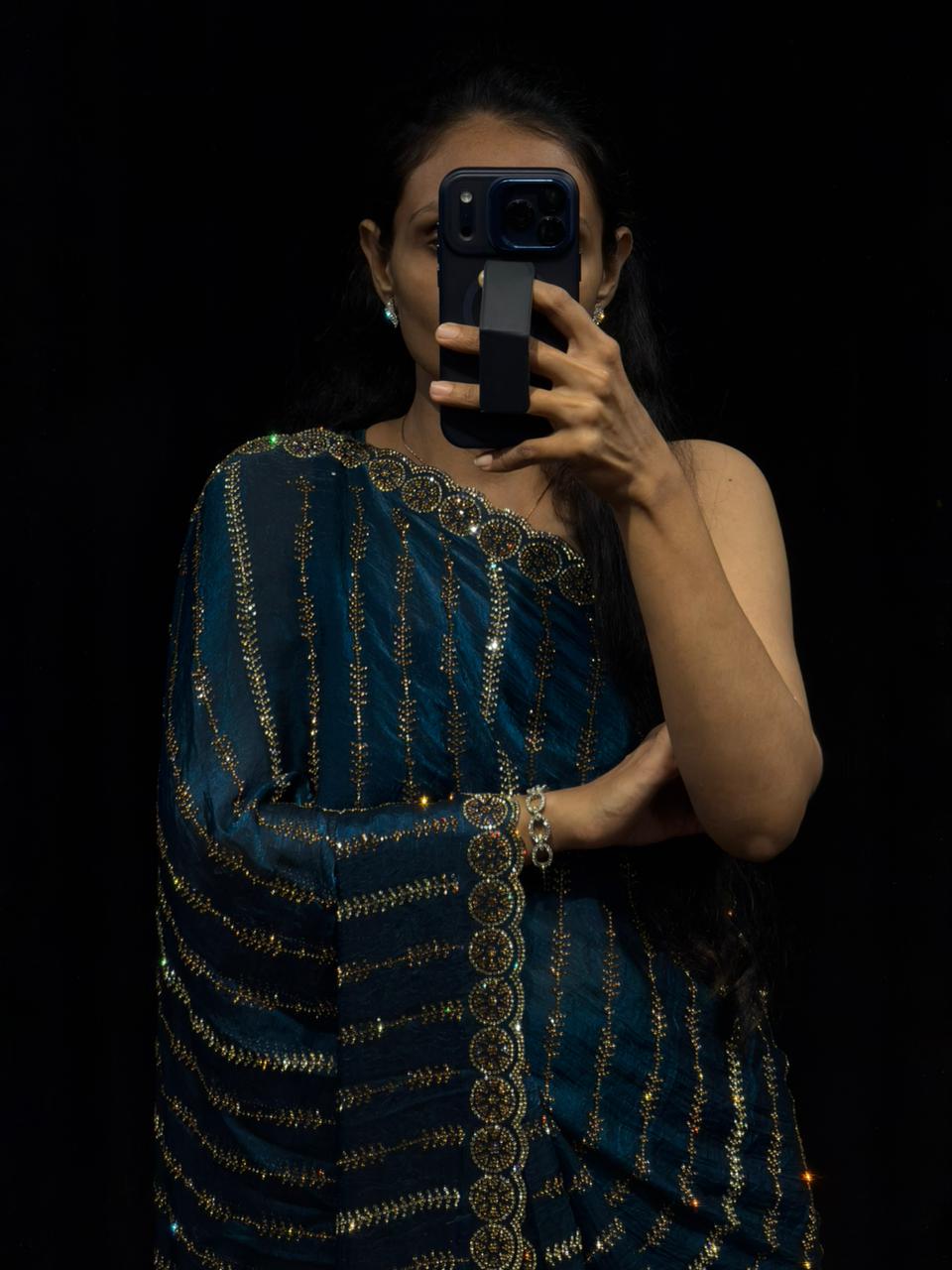 Aarohi Teal Blue Swarovski Designer Saree