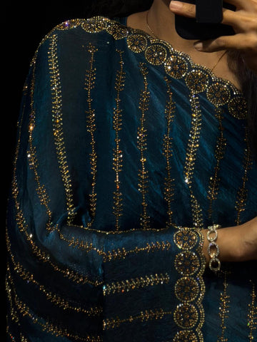 Aarohi Teal Blue Swarovski Designer Saree