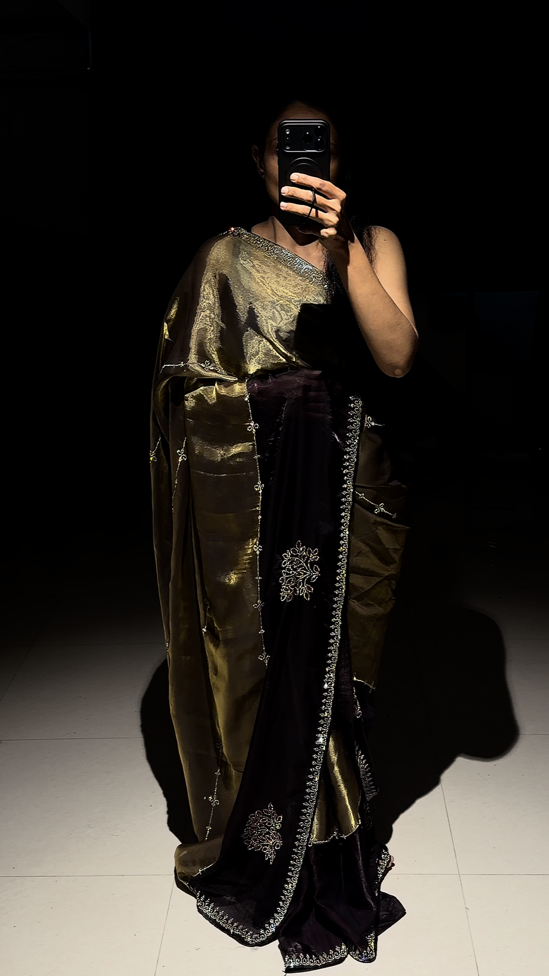 Zareen Gold & Brown Swarovski Saree