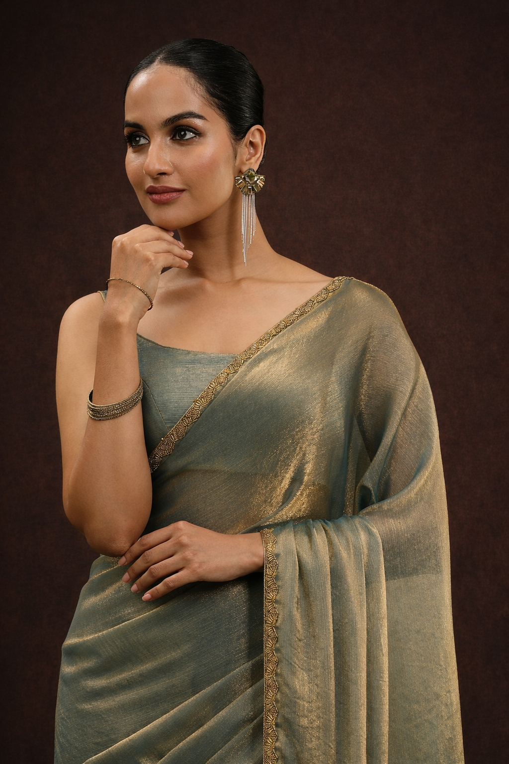 Metallic Gold Fendy Satin Silk Designer Saree with Elegant Border
