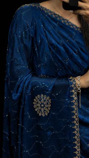 Peacock Blue Swarovski Satin Silk Designer Saree