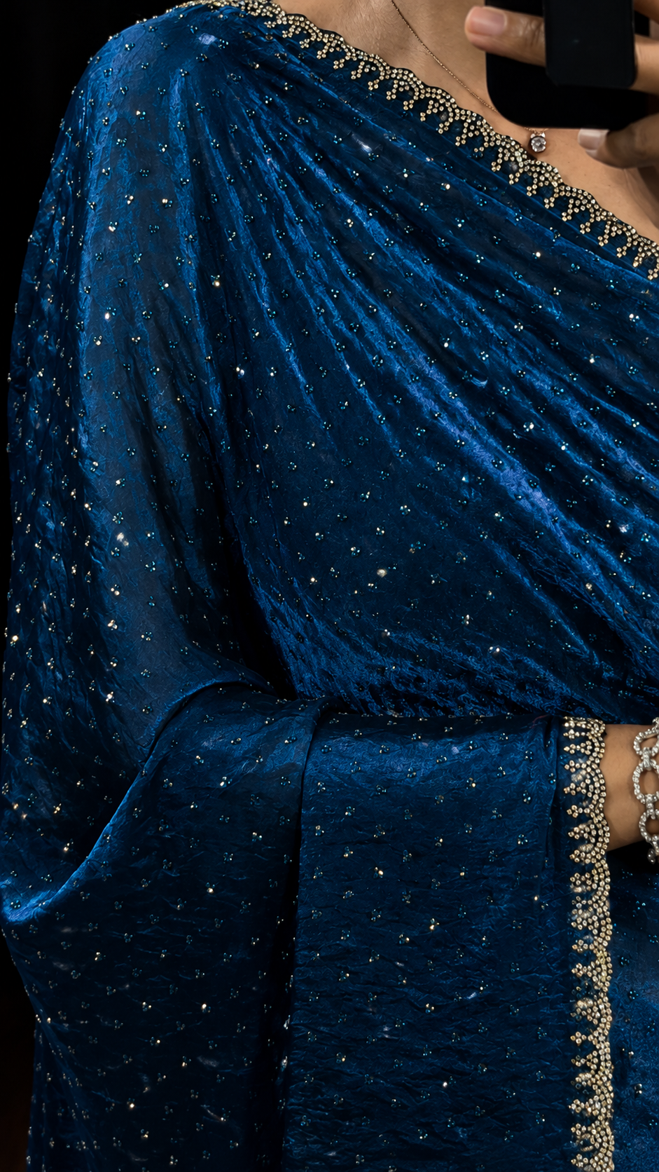 Peacock Blue Satin Silk Swarovski Saree