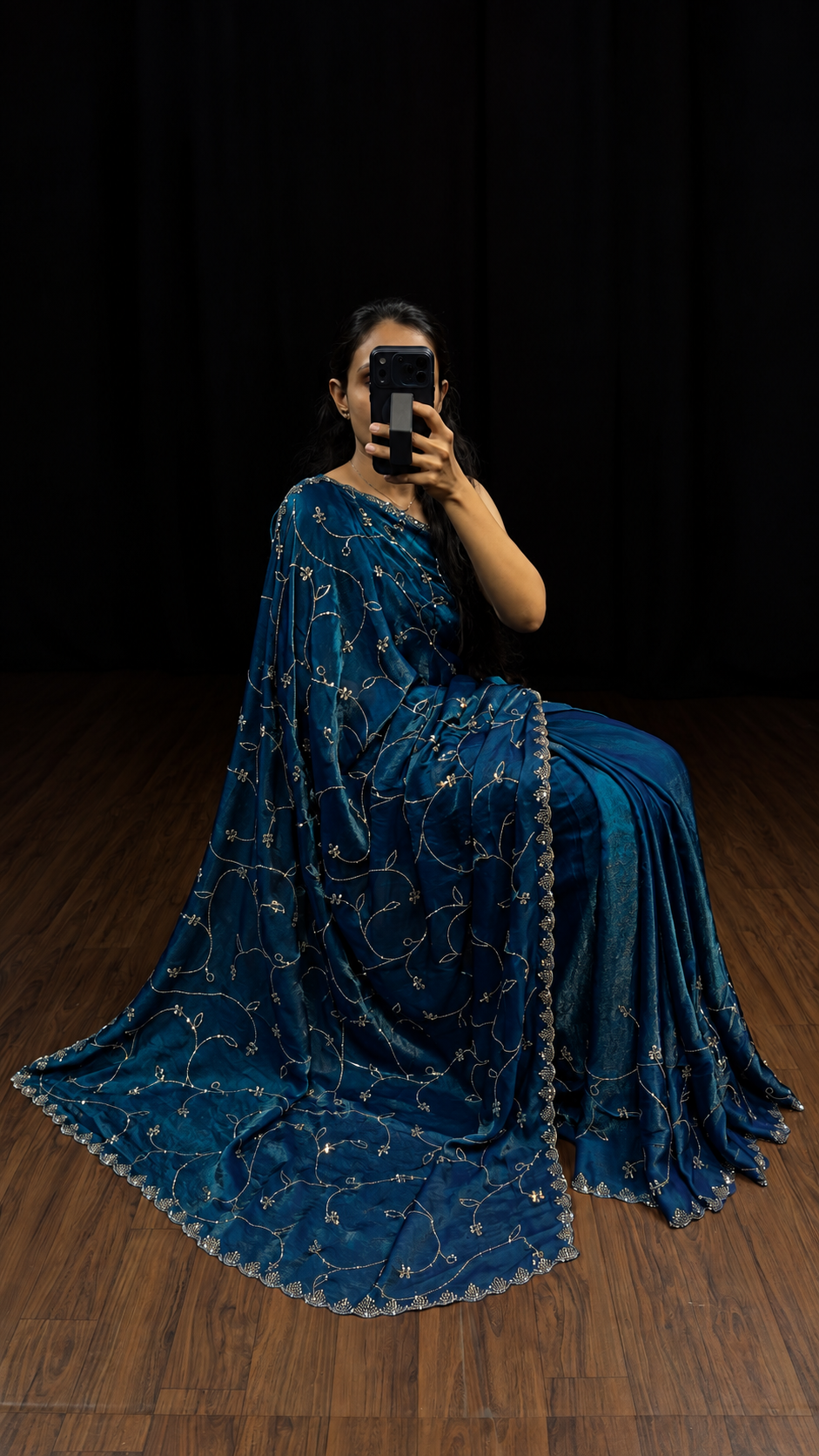 Peacock Blue Fendy Satin Silk Saree with Swarovski Work