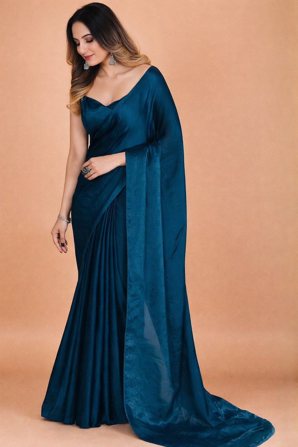 Premium Teal Fendy  Satin Ready to Wear Saree with Unstitched Blouse