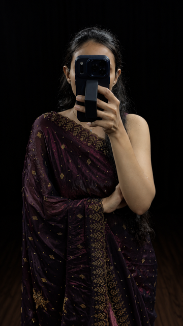 Deep Wine Swarovski Satin Silk Designer Saree