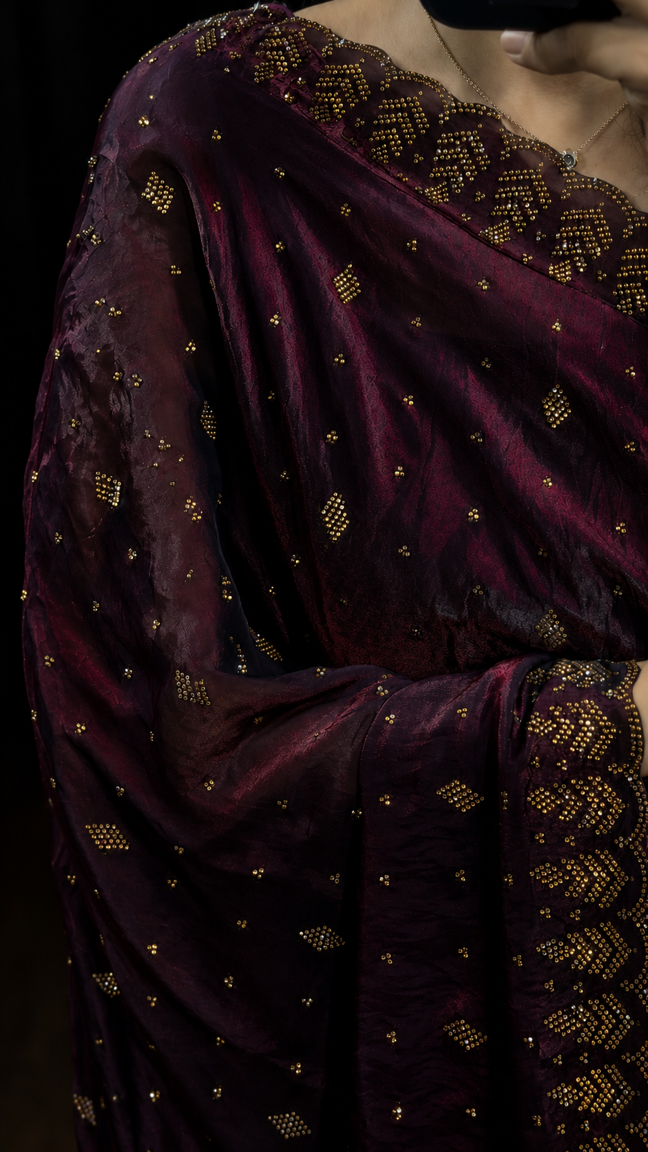 Deep Wine Swarovski Satin Silk Designer Saree