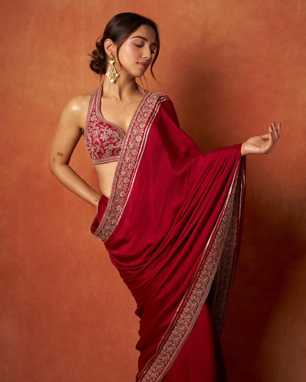 Premium Red Rangoli Silk Festive Saree with Unstitched Embroidered Blouse