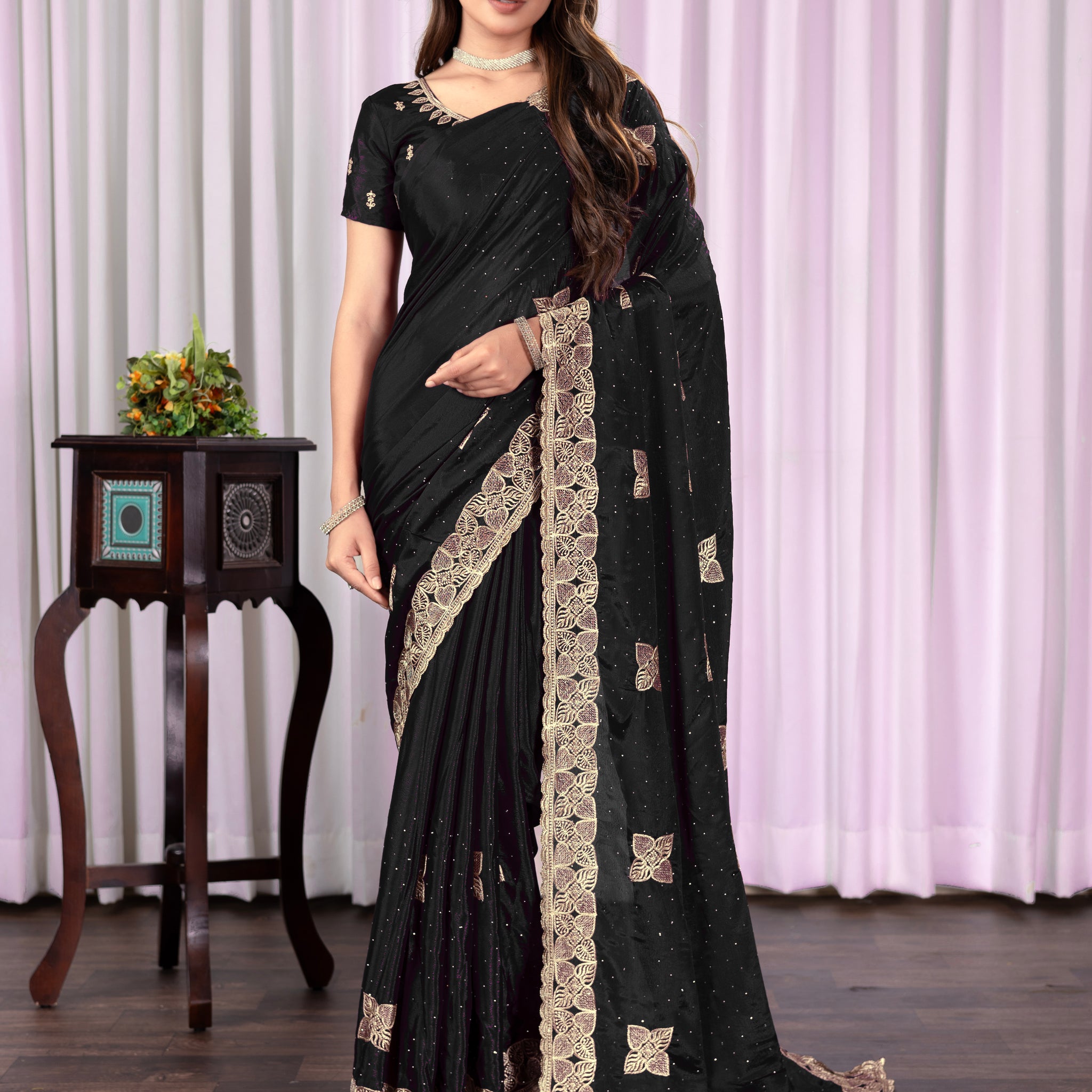 Black Chinon Saree with Antique Embroidery & Swarovski Stone Detailing