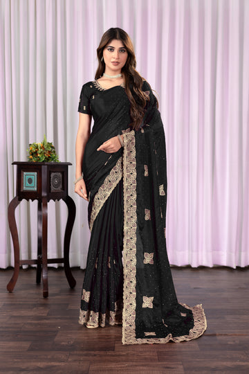 Black Chinon Saree with Antique Embroidery & Swarovski Stone Detailing