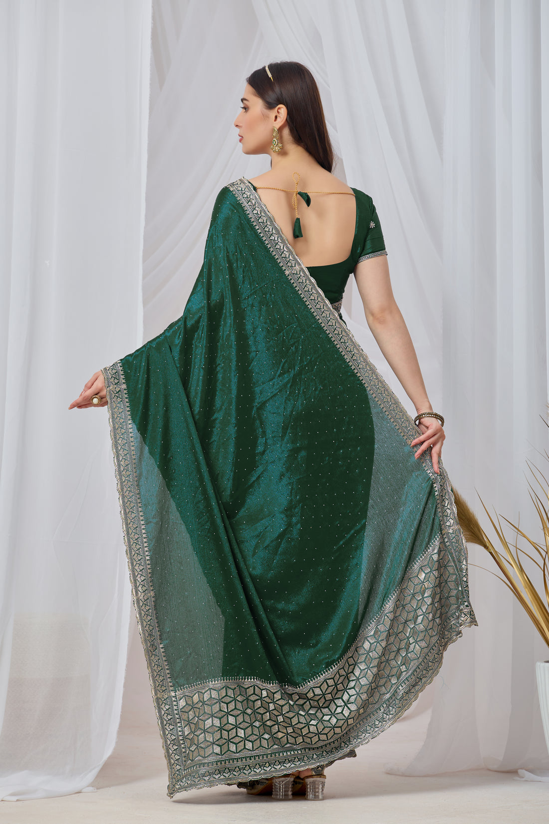 Green Chinon Silk Saree with Zari Embroidery Work with blouse