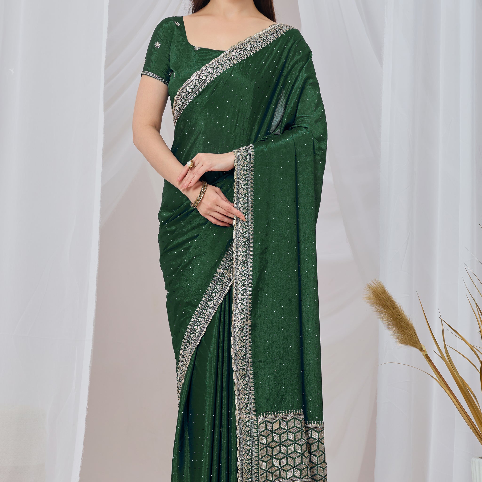 Green Chinon Silk Saree with Zari Embroidery Work with blouse
