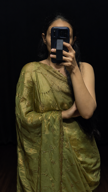 Golden Satin Silk Saree with Swarovski Work