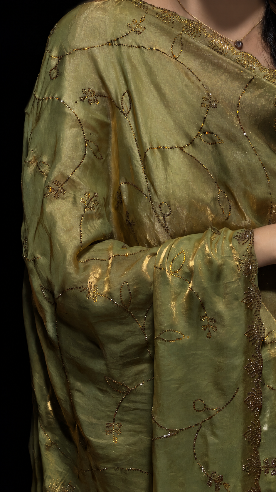 Golden Satin Silk Saree with Swarovski Work