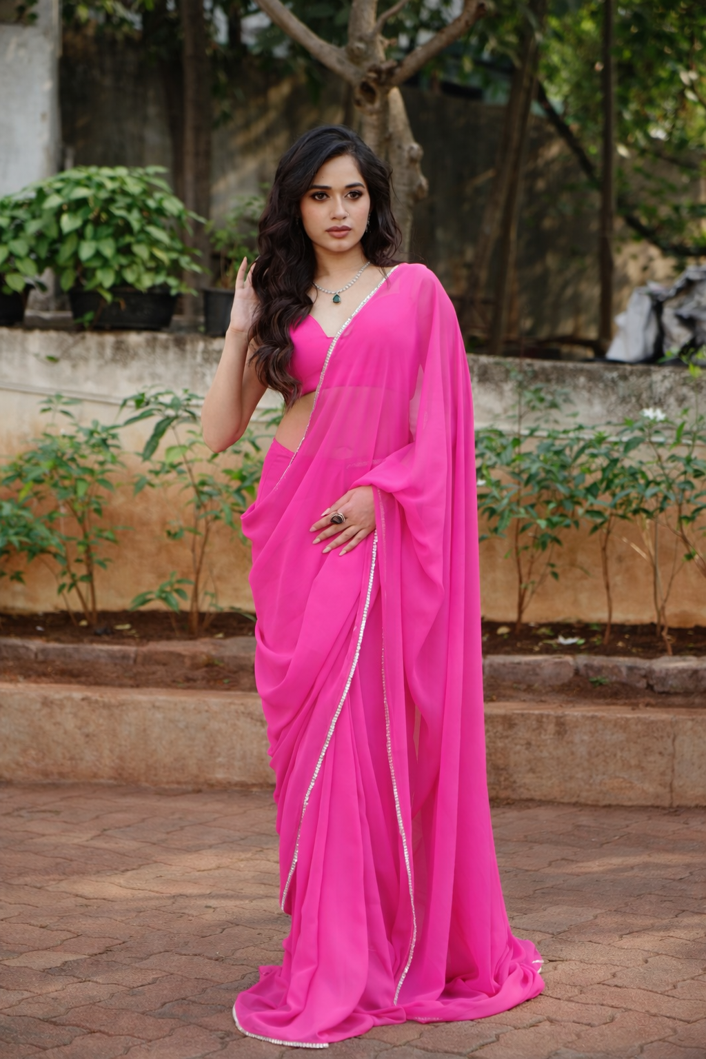 Hot Pink Elegant Plain Georgette Saree with Silver Border