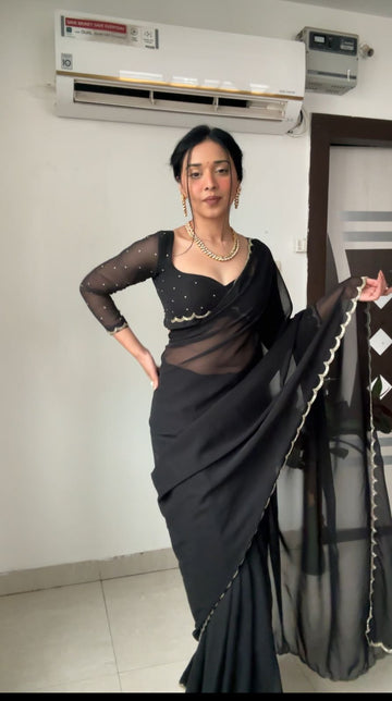 Black Color, Featuring A Scalloped Border Georgette Ready To Wear Saree With Stitched Blouse