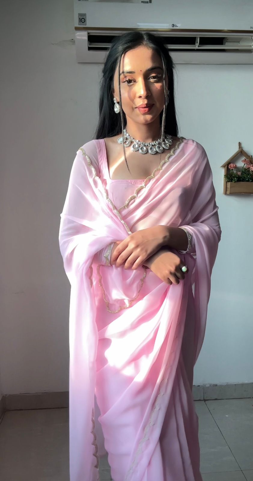 Baby Pink Color, Featuring A Scalloped Border Georgette Ready To Wear Saree With Stitched Blouse
