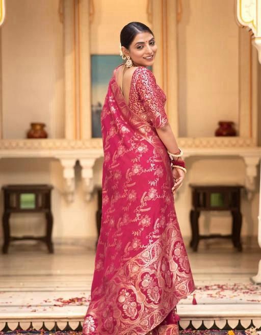 Elegant Rani Pink Banarasi Jacquard Lichi Silk Saree with Golden Zari Work  Timeless Traditional Attire