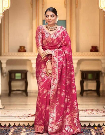 Elegant Rani Pink Banarasi Jacquard Lichi Silk Saree with Golden Zari Work  Timeless Traditional Attire