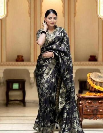 Black Banarasi Jacquard Lichi Silk Saree with Soft Gold Zari