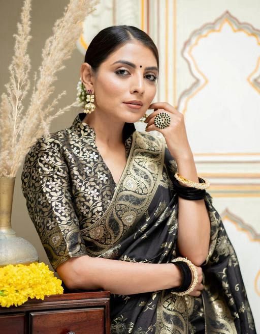 Black Banarasi Jacquard Lichi Silk Saree with Soft Gold Zari