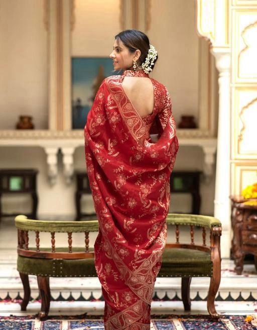 Red Banarasi Jacquard Lichi Silk Saree with Subtle Gold Zari  Elegant Heritage Wear for Grand Occasions