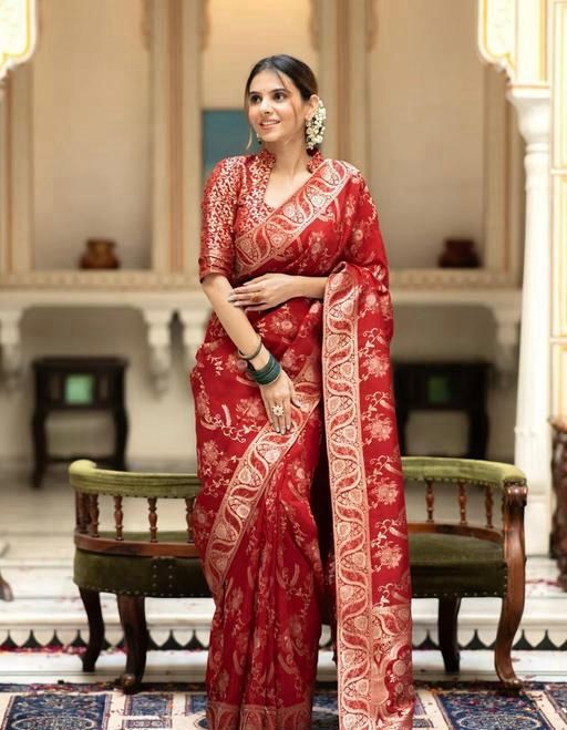 Red Banarasi Jacquard Lichi Silk Saree with Subtle Gold Zari  Elegant Heritage Wear for Grand Occasions