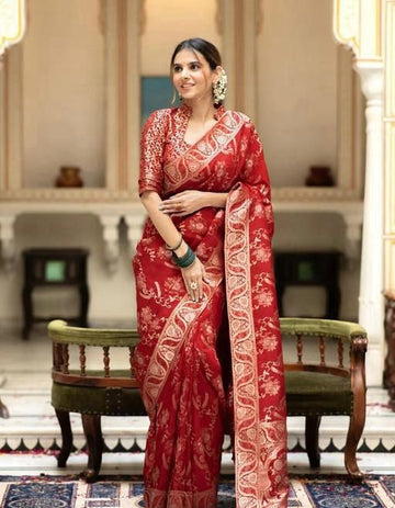 Red Banarasi Jacquard Lichi Silk Saree with Subtle Gold Zari  Elegant Heritage Wear for Grand Occasions