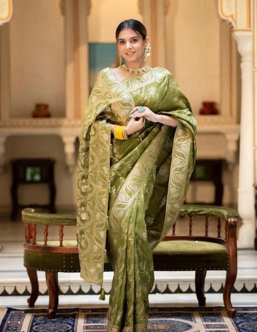 Olive Green Banarasi  Jacquard Lichi Silk Saree with Gold Zari Borders  Regal Ethnic Charm for Festive & Wedding Occasions