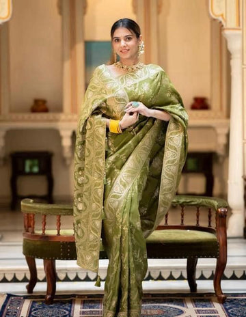 Olive Green Banarasi  Jacquard Lichi Silk Saree with Gold Zari Borders  Regal Ethnic Charm for Festive & Wedding Occasions
