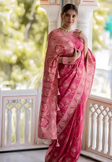 Pink  Banarasi Jacquard Lichi Silk Saree with Soft Gold Zari