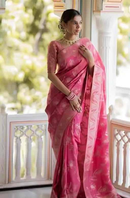 Pink  Banarasi Jacquard Lichi Silk Saree with Soft Gold Zari