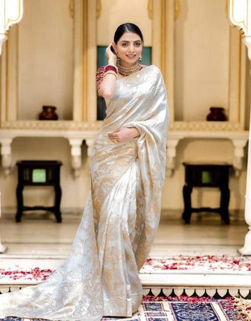 Ivory White Banarasi Jacquard Lichi Silk Saree with Subtle Gold Zari  Elegant Heritage Wear for Grand Occasions