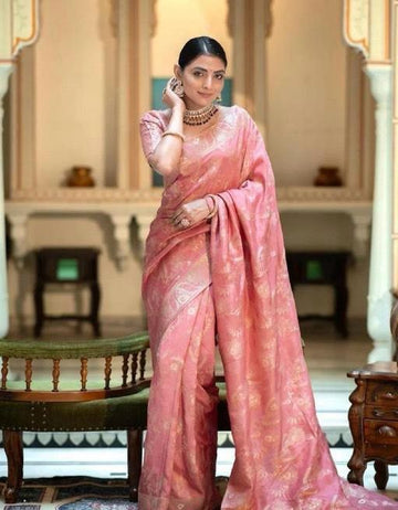 Blush Pink Banarasi Jacquard Lichi Silk Saree with Soft Gold Zari Detailing  Understated Luxury for Elegant Occasions